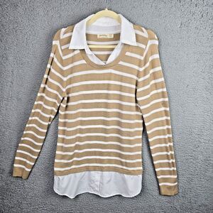 Faded Glory Shirt Sweater Tunic Top L Taupe White Striped Collared Preppy Modern